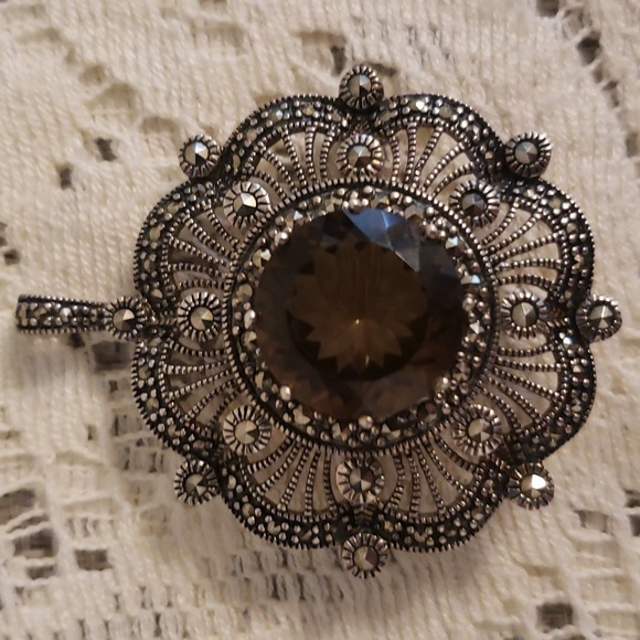 STUNNING Sterling Silver PENDANT BROOCH/PIN Smoky Quartz MARCASITE FILIGREE - Picture 1 of 6